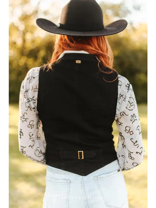 V2095 Black Western Button Down Vest