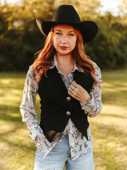 V2095 Black Western Button Down Vest