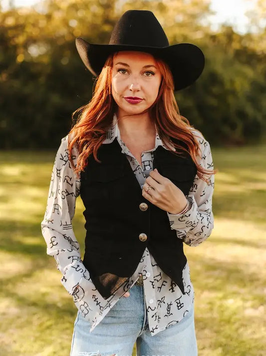 V2095 Black Western Button Down Vest