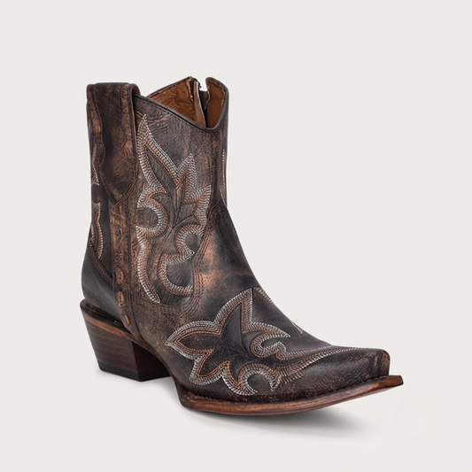 L5917 Black/Brown Embroidery & Zipper Ankle Boot