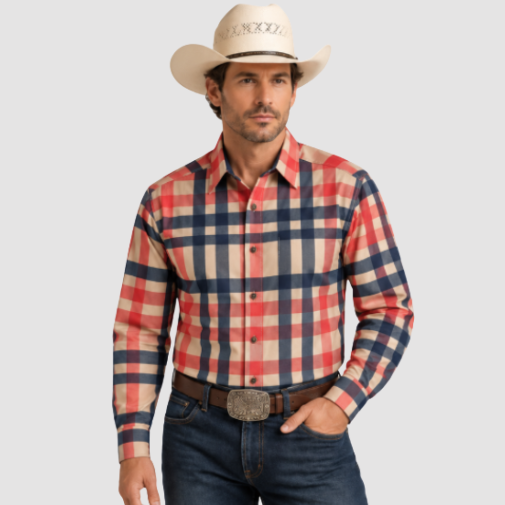 NK-889 Western Plaid Shirt Khaki
