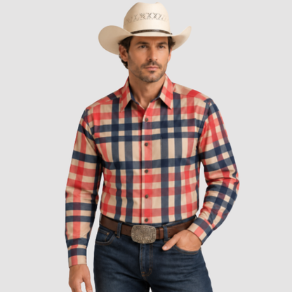 NK-889 Western Plaid Shirt Khaki