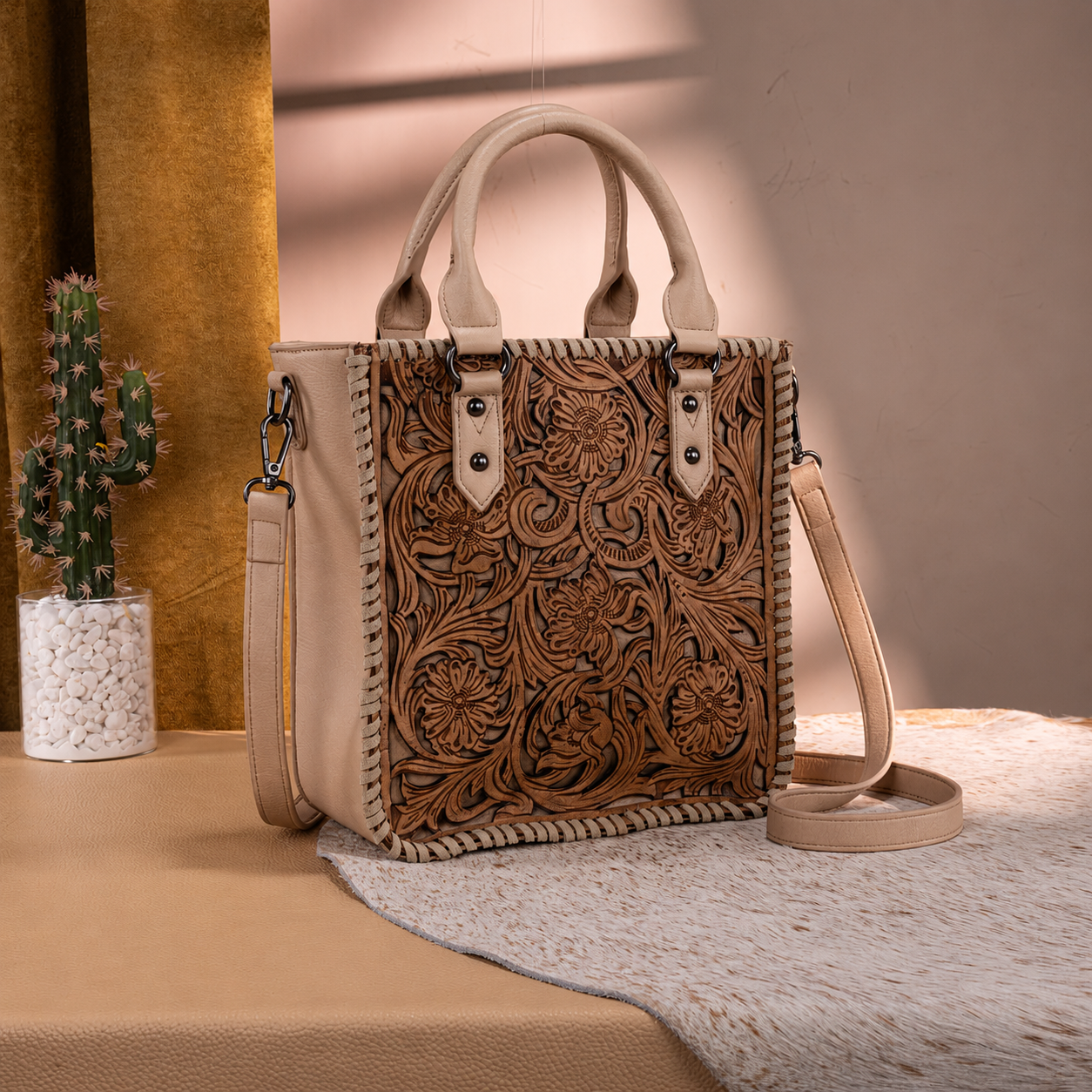 TR192-8368 Trinity Ranch Floral Tooled Tote/Crossbody-Tan