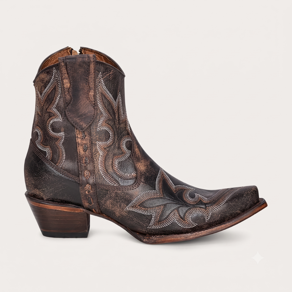 L5917 Black/Brown Embroidery & Zipper Ankle Boot