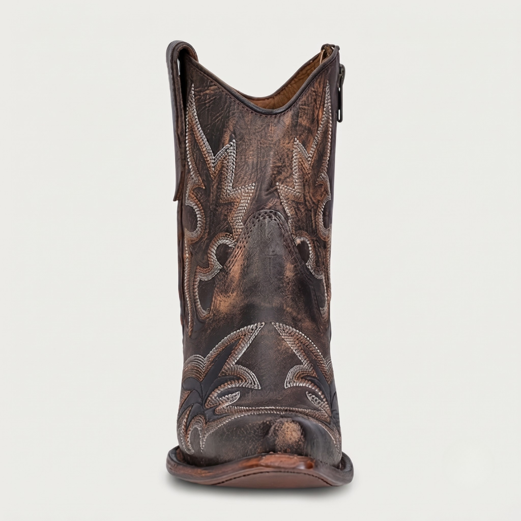 L5917 Black/Brown Embroidery & Zipper Ankle Boot