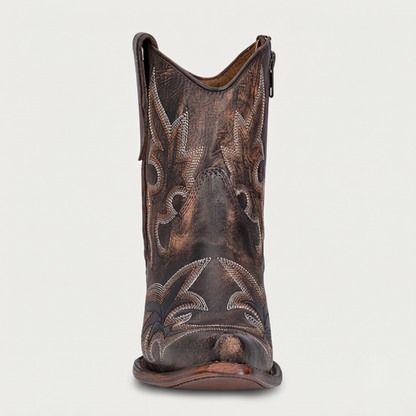 L5917 Black/Brown Embroidery & Zipper Ankle Boot