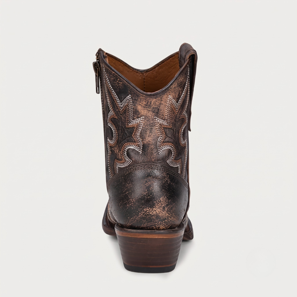 L5917 Black/Brown Embroidery & Zipper Ankle Boot