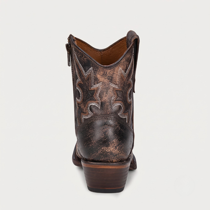 L5917 Black/Brown Embroidery & Zipper Ankle Boot