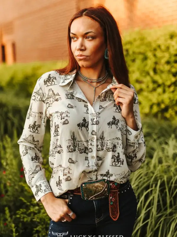 TO887 Western Desert Chiffon Collared Western Shirt