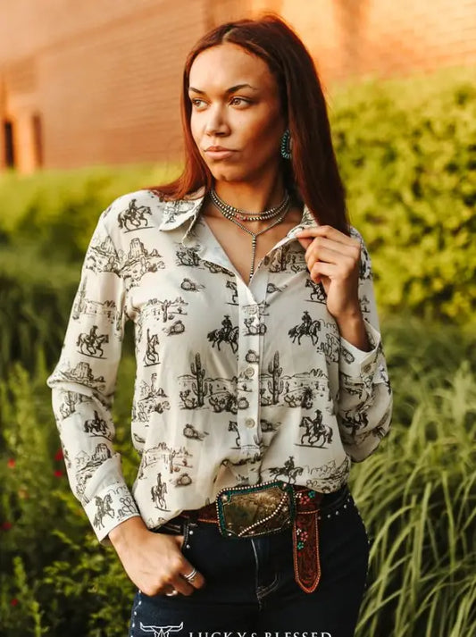 TO887 Western Desert Chiffon Collared Western Shirt