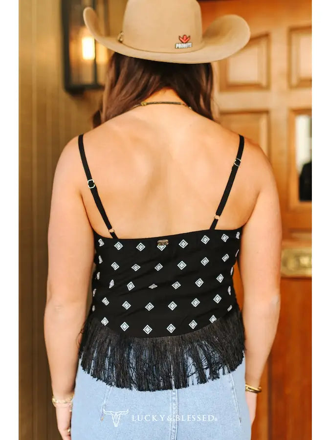 TO936 Black Ivory Aztec Spaghetti Strap Front Tie Fringe Top