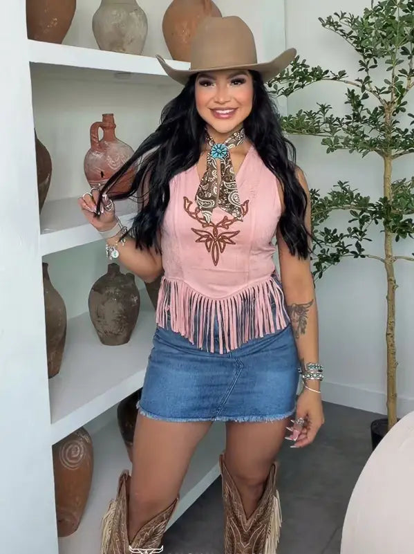 TO1280 Peach Stretch Suede Fringe Hem Contrast Stitching Top