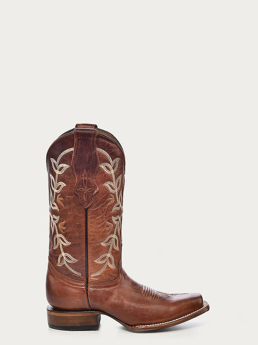 L2000 WOMEN'S EMBROIDERY COGNAC SQUARE TOE COWBOY BOOT