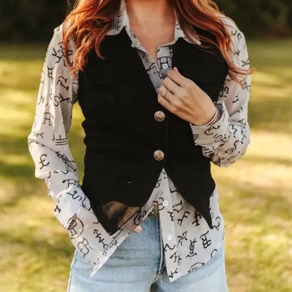 V2095 Black Western Button Down Vest
