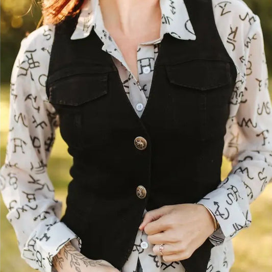 V2095 Black Western Button Down Vest