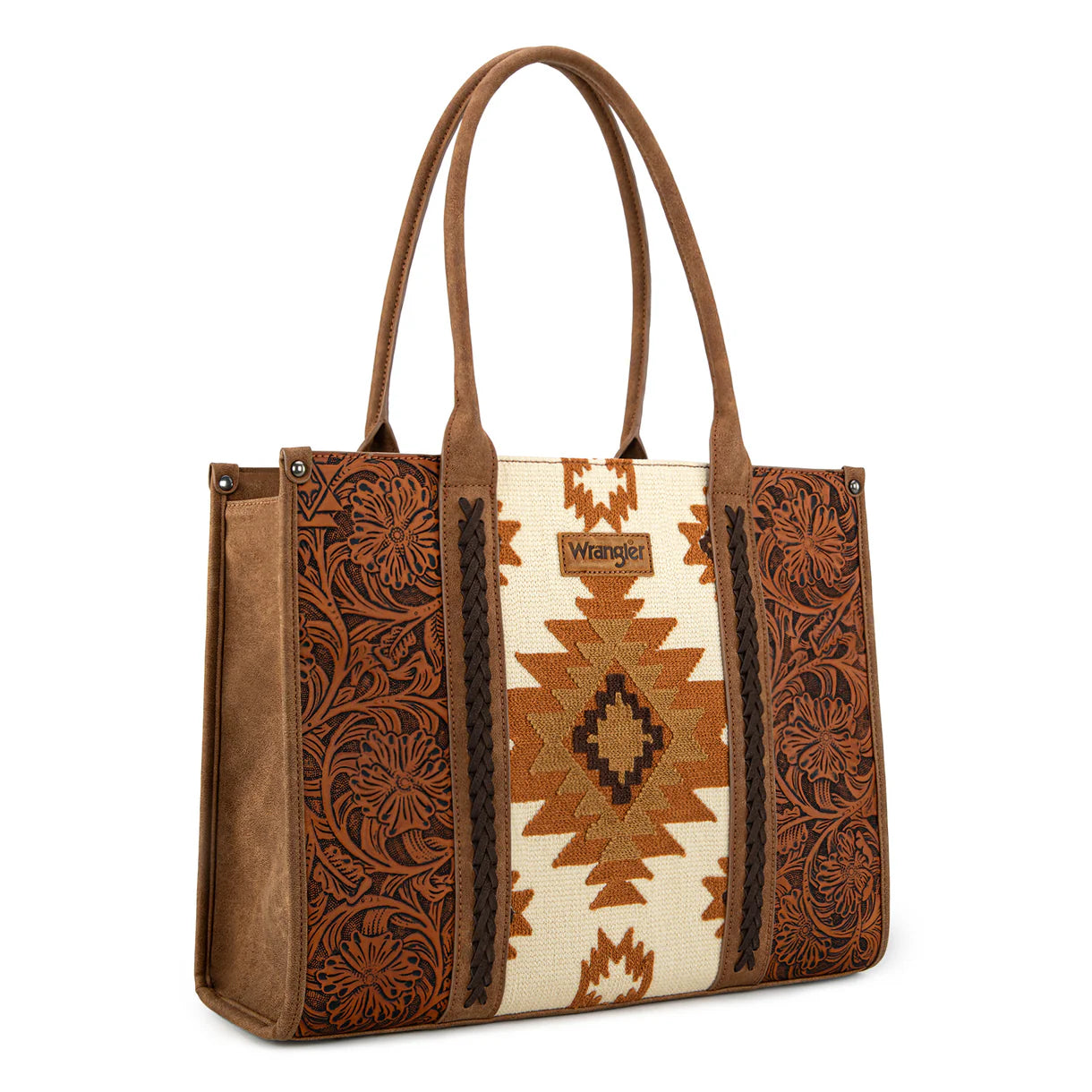 WG226G-8119 Wrangler Vintage Tooled Aztec Pattern Concealed Carry Large Tote- Brown