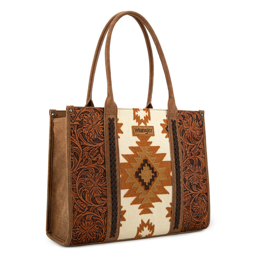 WG226G-8119 Wrangler Vintage Tooled Aztec Pattern Concealed Carry Large Tote- Brown