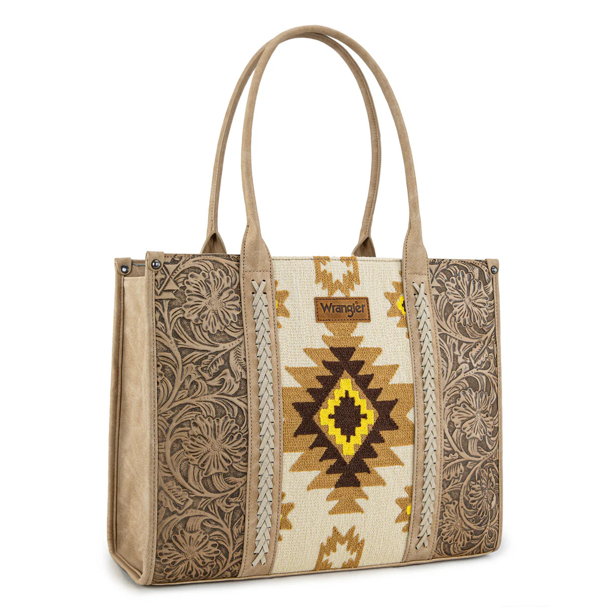 WG226G-8119 Wrangler Tooled Aztec Pattern Print Concealed Carry Large Tote- Tan