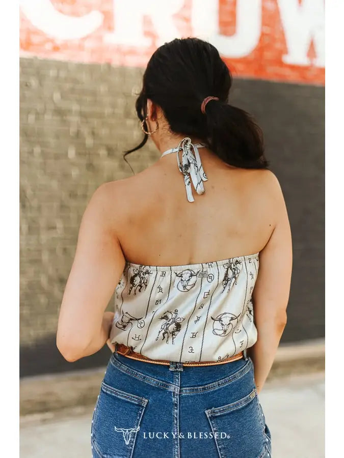 Ivory Western Vintage Printed Satin Horse Top