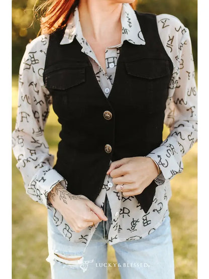 V2095 Black Western Button Down Vest