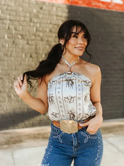 Ivory Western Vintage Printed Satin Horse Top