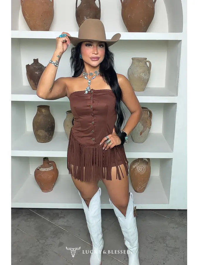 Brown Suede Concho Corset Fringe Hem Dress